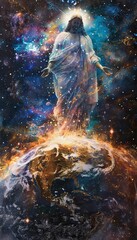 Ethereal cosmic scene of jesus the redeemer overseeing a detailed earth below in space