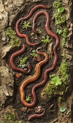 Obraz premium Two red earthworms in a mossy forest.