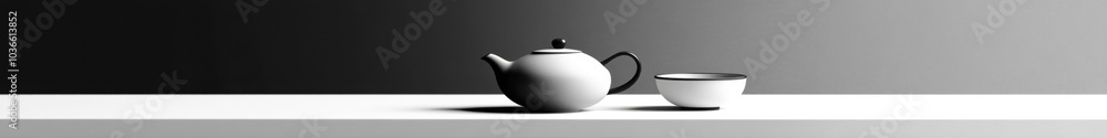 Poster a stylish tea kettle sits beside a delicate cup on a minimalist white surface, creating a calm atmos