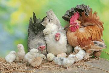 Two hens and a rooster are foraging in a pile of dry grass with their newly hatched chicks. Animals that are cultivated for their meat have the scientific name Gallus gallus domesticus.
