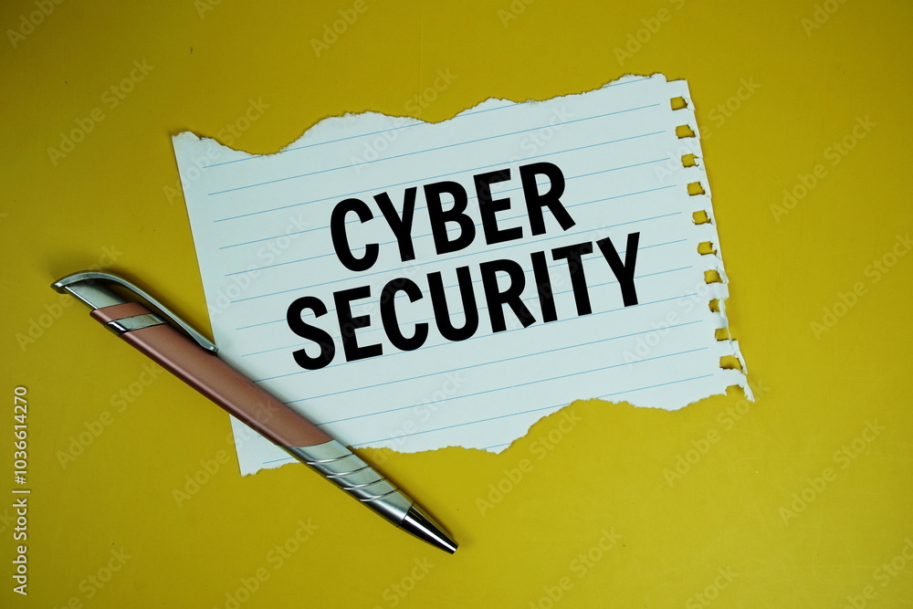 Poster cyber security text written on paper torn top view on yellow background
