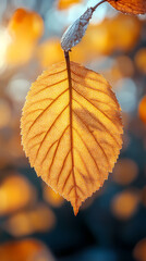 Obraz premium Yellow autumn leaf close-up. With a blurred bokeh background, a bright orange tree changes.