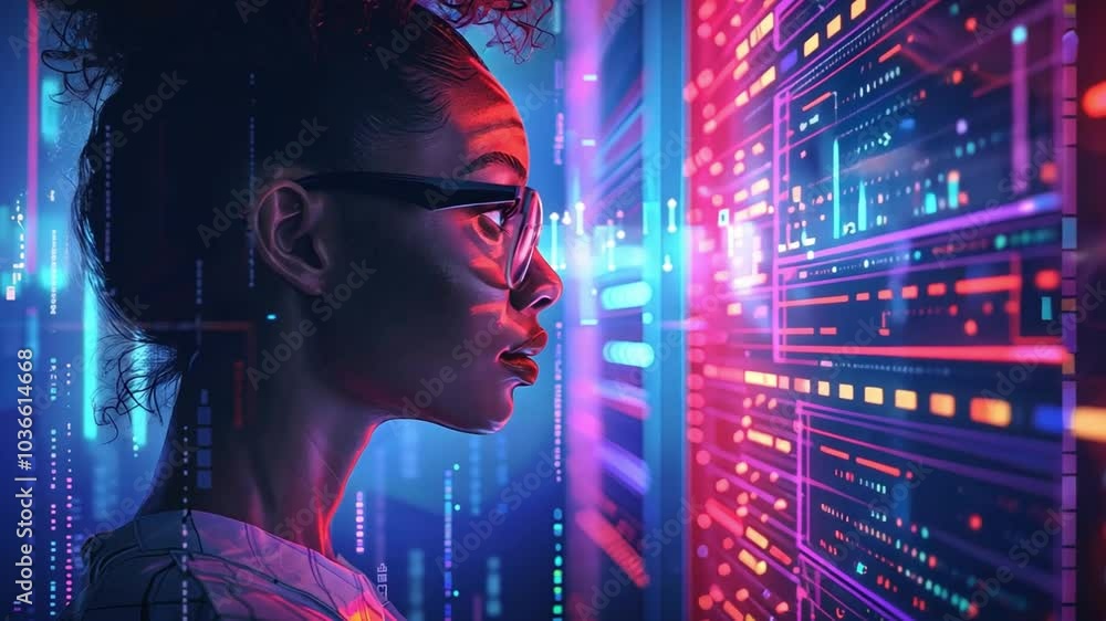 Poster a woman wearing glasses studies a vivid digital interface filled with colorful data patterns. the mo