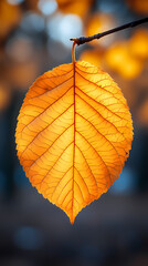 Obraz premium Yellow autumn leaf close-up. With a blurred bokeh background, a bright orange tree changes.
