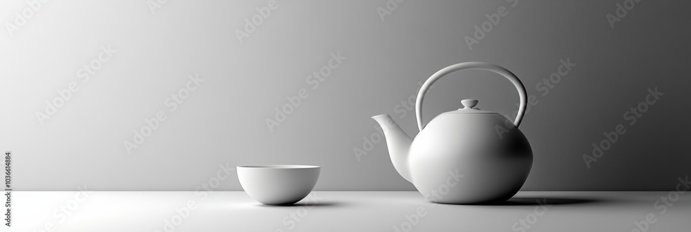Poster a white tea kettle sits beside a matching cup on a smooth surface, highlighting minimalist design in