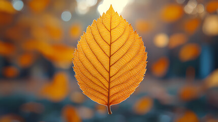 Obraz premium Yellow autumn leaf close-up. With a blurred bokeh background, a bright orange tree changes.