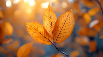 Naklejka premium Yellow autumn leaf close-up. With a blurred bokeh background, a bright orange tree changes.
