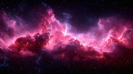Vibrant pink and purple nebula swirling in outer space with distant stars twinkling in a cosmic...