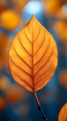 Obraz premium Yellow autumn leaf close-up. With a blurred bokeh background, a bright orange tree changes.