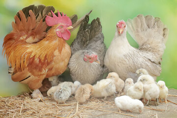Two hens and a rooster are foraging in a pile of dry grass with their newly hatched chicks. Animals that are cultivated for their meat have the scientific name Gallus gallus domesticus.