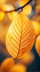 Obraz premium Yellow autumn leaf close-up. With a blurred bokeh background, a bright orange tree changes.