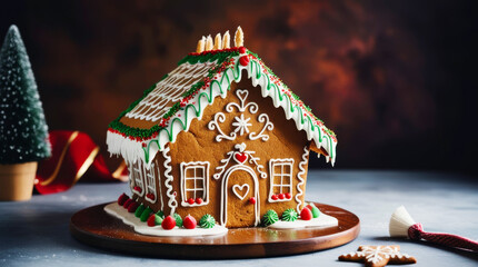 Festively decorated gingerbread house adorned with colorful icing and sweets