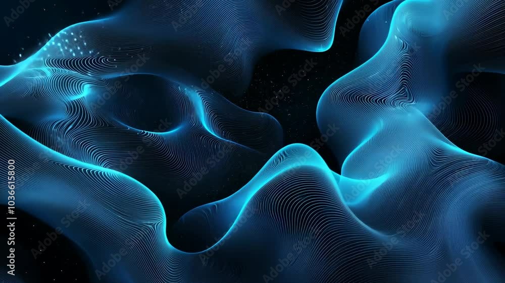 Poster abstract blue waves ripple across a dark background, creating a mesmerizing and dynamic visual