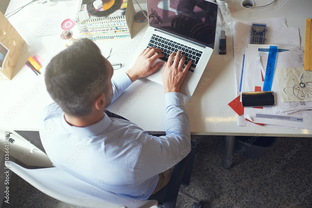 Poster above, man and typing on laptop for creativity, design process or project management in office. desi