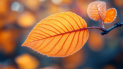 Obraz premium Yellow autumn leaf close-up. With a blurred bokeh background, a bright orange tree changes.