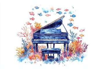 A vibrant watercolor illustration features a grand piano surrounded by colorful fish and coral, blending music with an underwater theme.