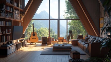 Modern A-frame living room with large windows overlooking mountains, a guitar, and a leather couch.