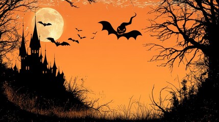 Fototapeta premium A Halloween scene with a castle and bats flying in the sky