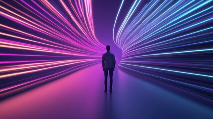 Person stands amidst swirling neon blue and pink path