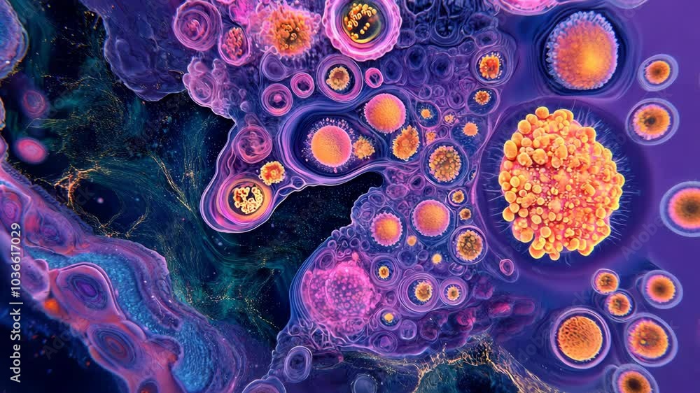 Poster a close-up view of colorful cells and microorganisms, captured through a microscope