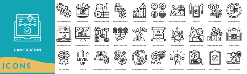 Gamification icon. Engagement Boost, Reward System, Points Accumulation, Achievement Unlock and Level Progression