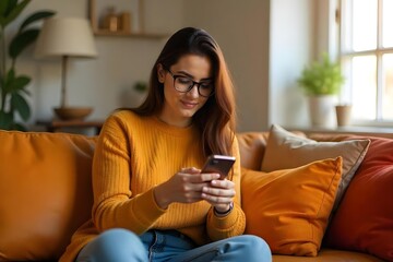 Smiling young woman wearing glasses looking at cell phone doing ecommerce mobile shopping relaxing on sofa in living room. Happy mature young woman using smartphone sitting on couch at home