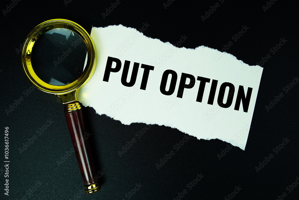 Poster put option text with magnifying glass top view on pink background