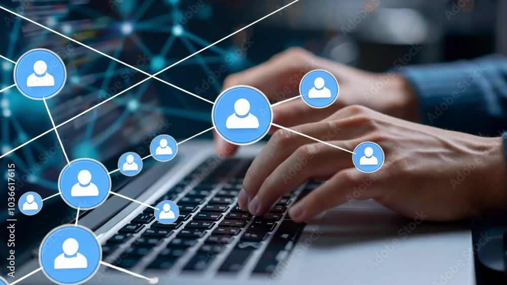 Poster Fingers are actively typing on a laptop keyboard while digital icons illustrating social connections float around, showcasing a focus on networking and communication.