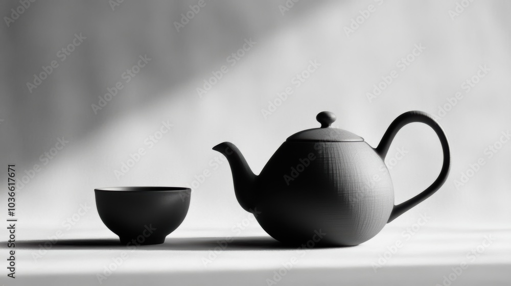 Poster A simple tea kettle sits beside a cup on a clean table, illuminated by soft light, creating a tranquil atmosphere for tea lovers. Generative AI