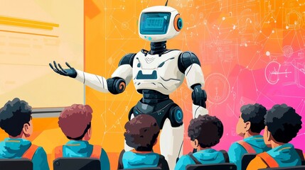 Naklejka premium A humanoid robot teacher is presenting a lesson to a group of diverse students in a classroom.