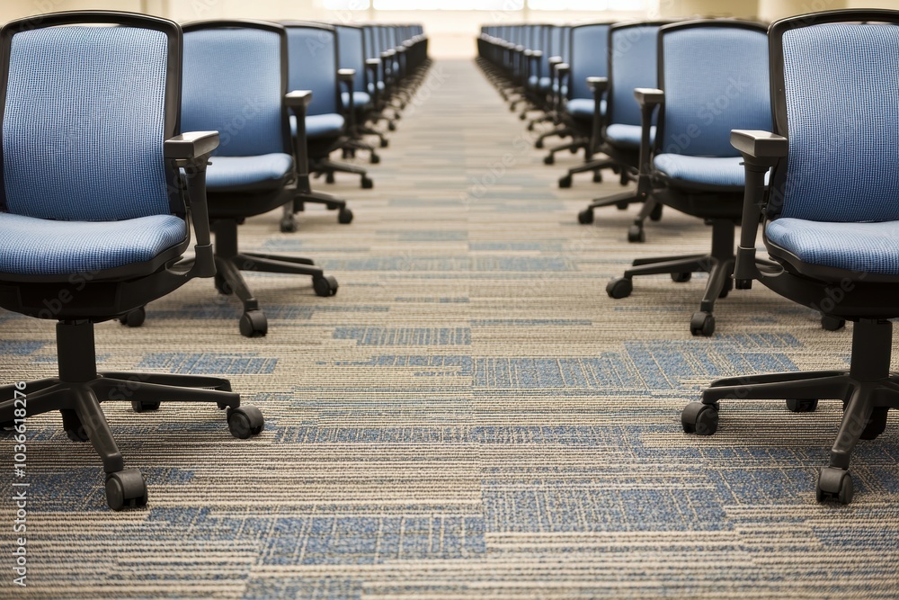 Poster a serene view of office chairs arranged neatly in an open workspace environment