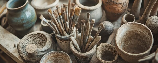 Traditional pottery tools displayed closely, emphasizing textured details and functionality.