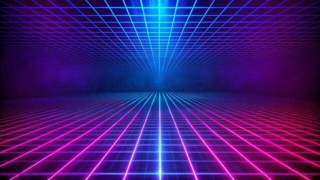 Abstract neon background, starry sky dream metaphor, triangular pyramid and steps, glowing pink blue light, cosmic universe. A vibrant neon triangle stands out against a blurred purple background - Powered by Adobe