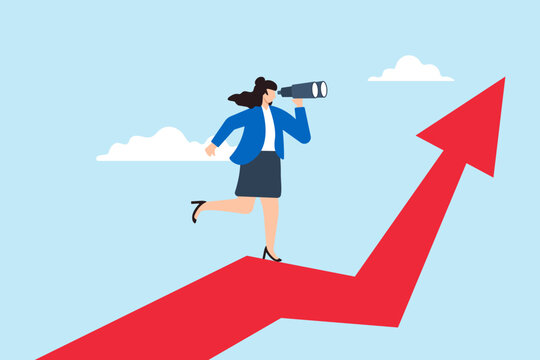 Flat illustration of businesswoman looking through binoculars above arrow searching for growth opportunities for future