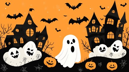 A Halloween scene with a ghost and bats flying around