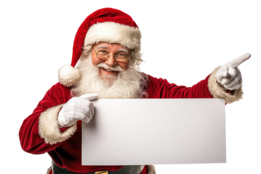 Santa Claus happily showcasing a large blank banner, ideal for holiday messages or product promotions, his iconic red suit and friendly demeanor making