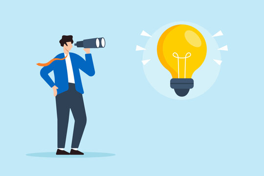 Flat illustration of businessman looking through binoculars at lightbulb idea seeking to discover new solutions and opportunities