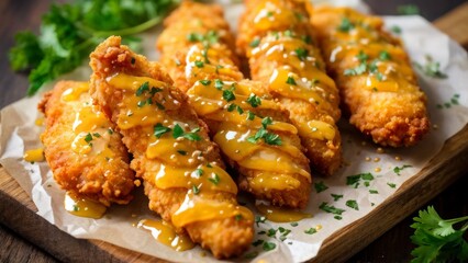 Crispy chicken nuggets in honey mustard sauce, served on a rustic wooden chopping board with a scattering of fresh parsley leaves.