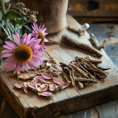 Dried echinacea roots and flowers on rustic wooden board.