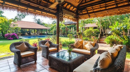 Fototapeta premium Relaxing patio with wicker furniture and a view of a tropical garden, pool, and thatched roof.
