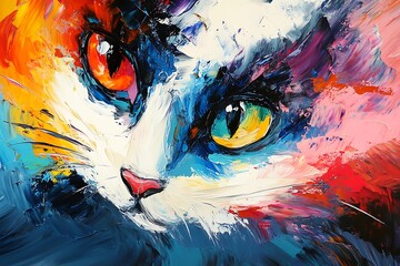 Colorful abstract painting of a cat on colorful background.