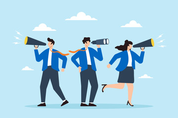 Flat illustration of business people search with binoculars and megaphone for candidates to hire in recruitment