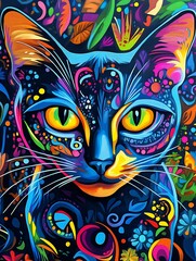 Colorful abstract painting of a cat on colorful background.
