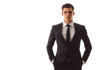 A fashionable young man wearing a sharp tailored suit and tie, standing confidently with hands in pockets, showcasing a sleek and modern style