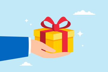 Flat illustration of businessman hand gives gift box with ribbon representing reward program or surprise for employees