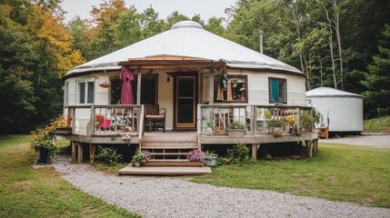 A white yurt with a wooden deck and porch in front of a lush green forest.