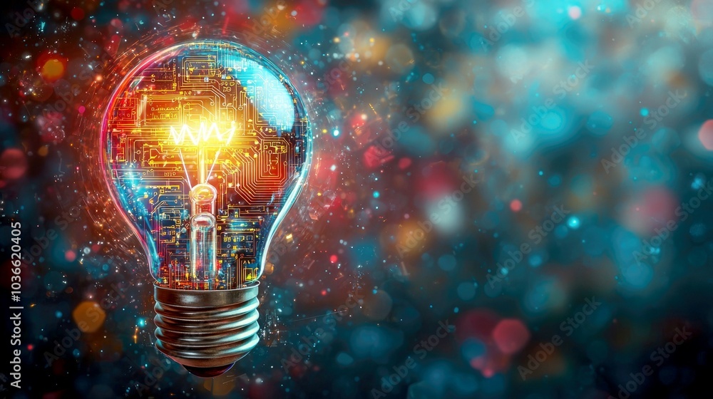 Poster a light bulb with a circuit board inside glows brightly against a colorful bokeh background, symboli