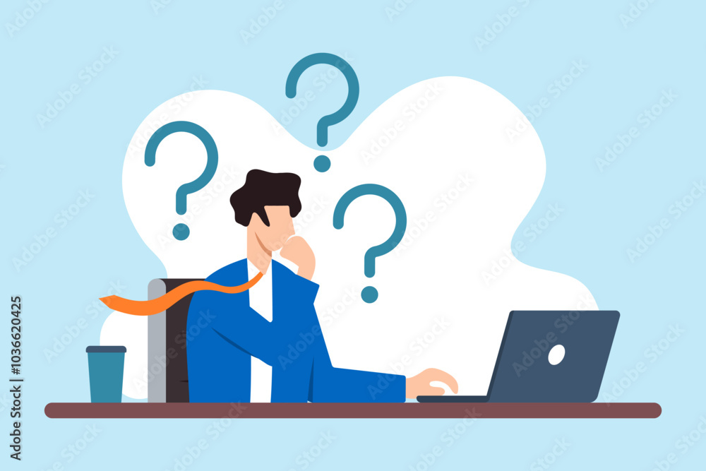 Poster flat illustration of businessman thinks on laptop with question mark contemplating doubts and solvin
