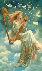 Woman plays harp on clouds with doves.