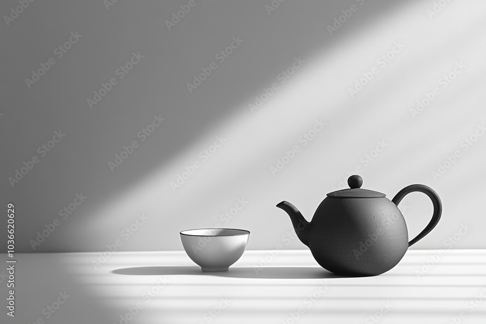 Poster A black tea kettle sits elegantly next to a minimalist cup on a table, bathed in soft light and gentle shadows, creating calmness. Generative AI